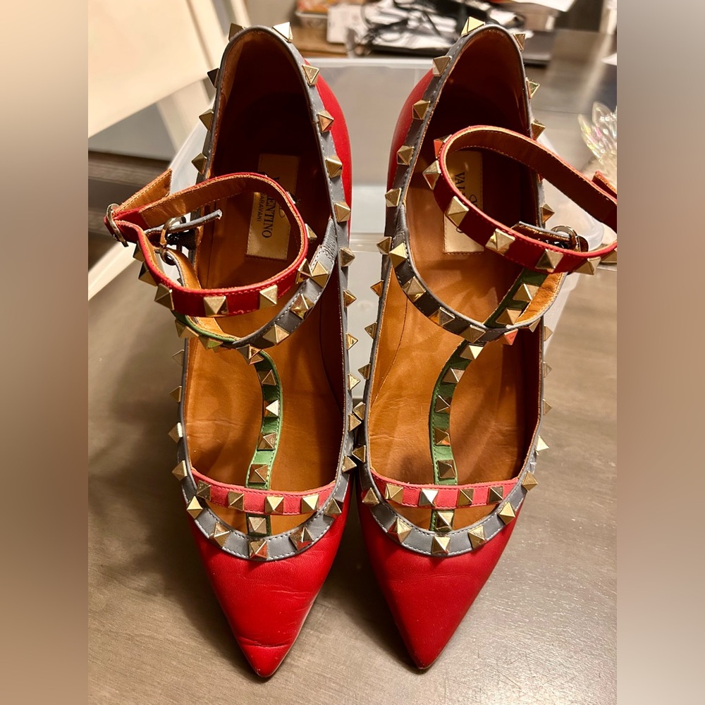 Valentino Multicolor Leather Rockstud Caged Ankle Strap Ballet Flats Size 39